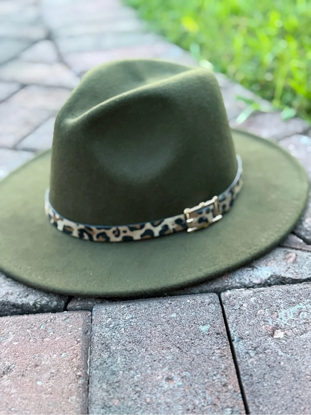 Olive Felt Fedora Hat with Leopard Accent Band